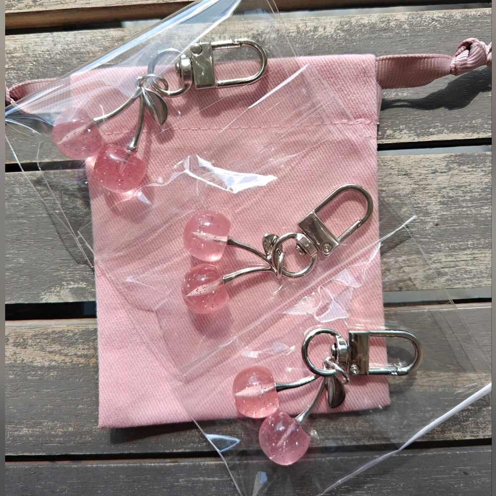 NEW, 3 pink cherry charms
